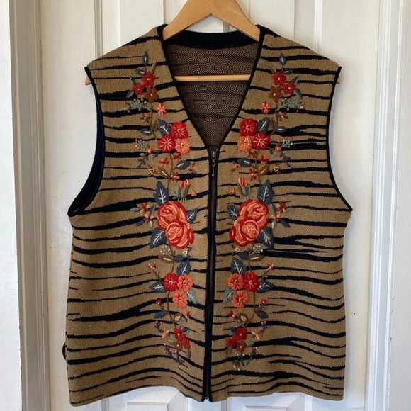 Wool Blend Alfred Dunner Floral Embroidered Zip Up Sweater Vest Cottagecore - Picture 1 of 14
